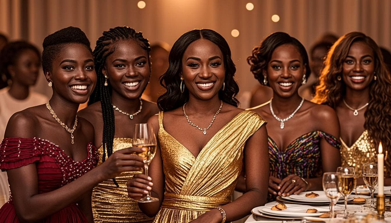 A Nigerian owambe celebration in warm golden light